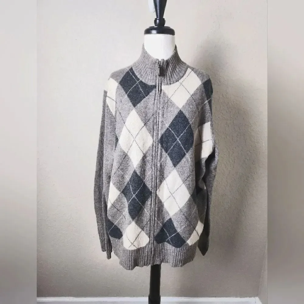 J. Crew Lambwools Argyle Zip-Up Elbow Patch Sweater Cardigan Gray  Size L